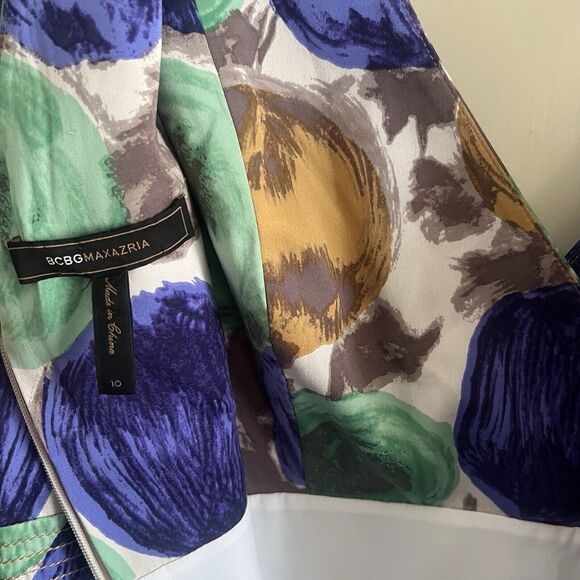 BCBG Silk Multicolor Green Floral Drape Pleated Dress Size 10 - Picture 10 of 14